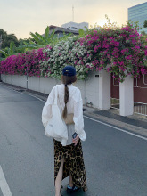 慵懒风白色长袖衬衫防晒开衫女夏季开叉豹纹半身裙a字长裙两件套