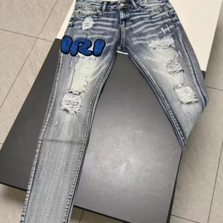 新款破洞贴布高街做旧牛仔裤男士休闲潮流修身直筒弹力个性长裤子