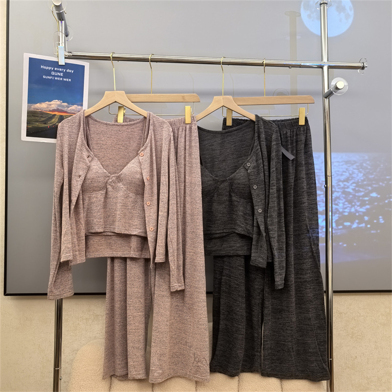 Spring and Autumn Three-piece Pajamas Women's Simple Modal Lazy Style Casual Outwear Sanding Knitted Cotton Home Clothes