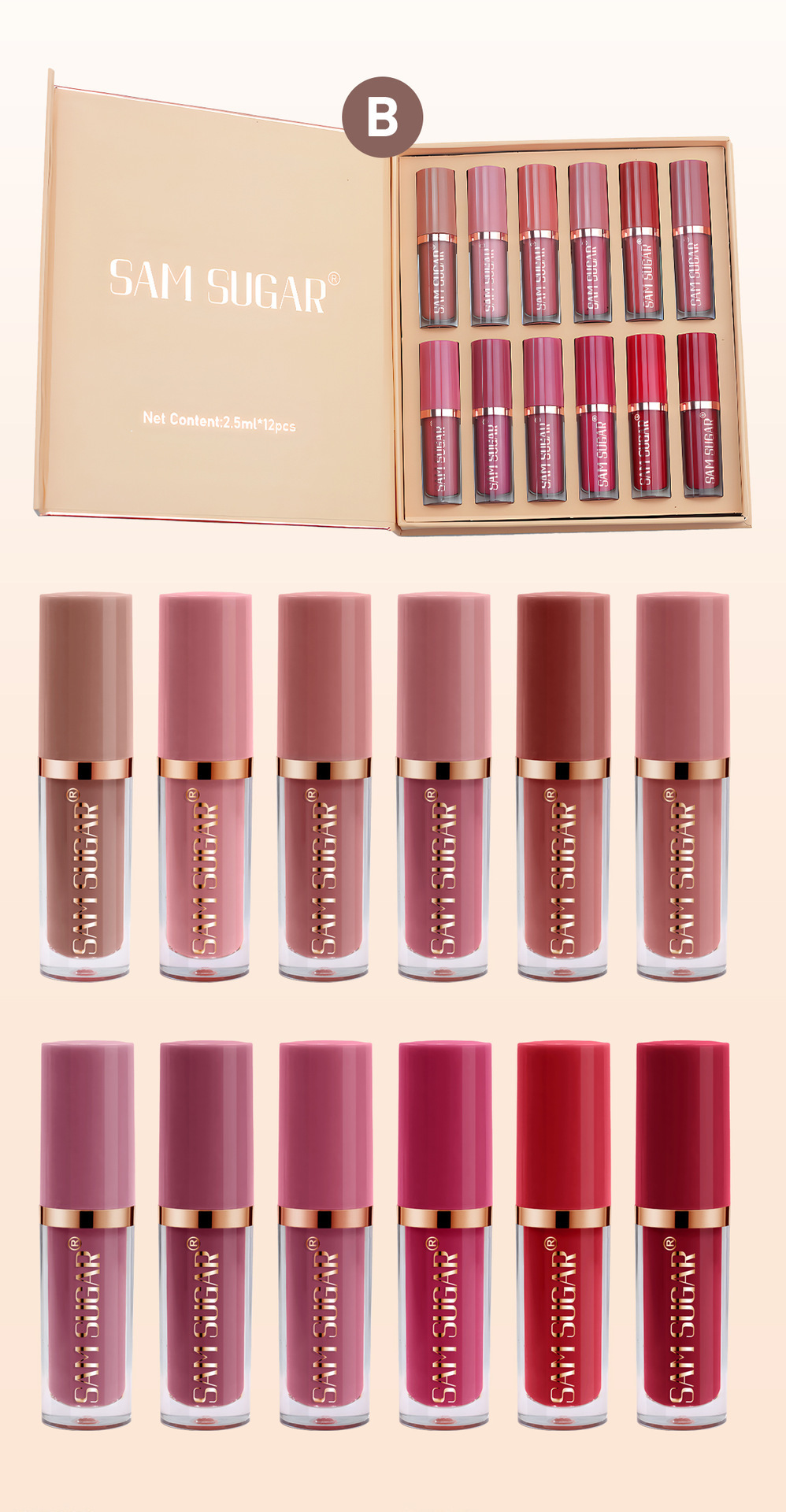 SAM Sugar 12-color Book Lip Gloss set Matte velvet non-stick cup lip gloss lipstick Application Scenario