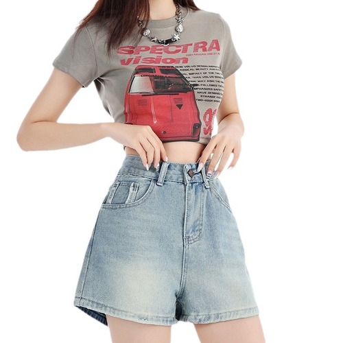 Women's High-Waisted Loose-Fitting Vintage Denim Shorts, Slimming Summer Heat Pants, Small Figure A-Line Pants with Frayed Straight Leg