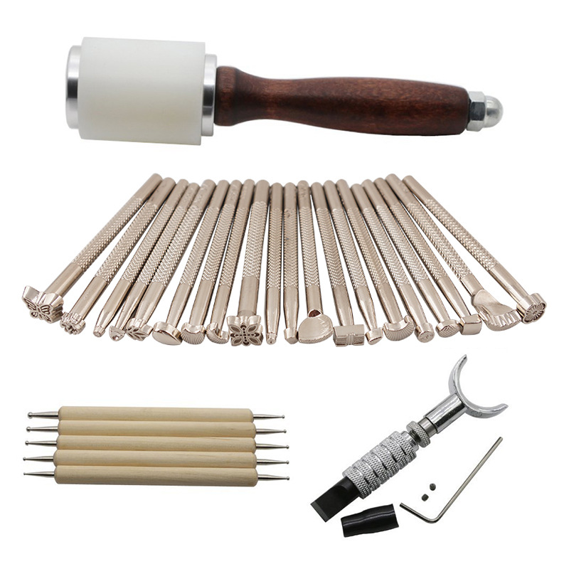 皮革雕刻工作鞍架制作压痕笔皮雕锤20件印花皮革工具套装24款27款
