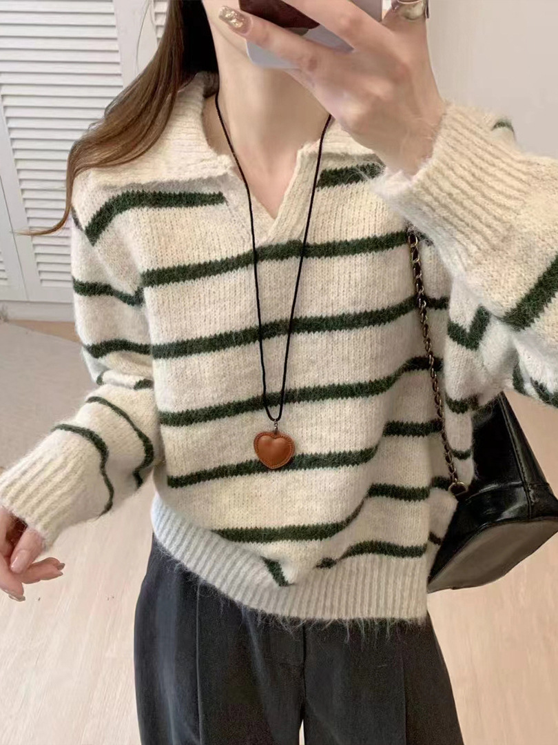 Suéter coreano con solapa para mujeres otoño y invierno nuevo estilo simple con rayas de contraste de color perezosas versátiles sueltas camisetas de punto transfronterizas image 5