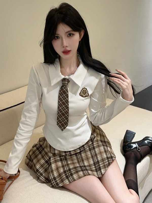 学院风辣妹减龄百搭短款长袖polo领T恤上衣高腰显瘦格子裙裤套装|undefined