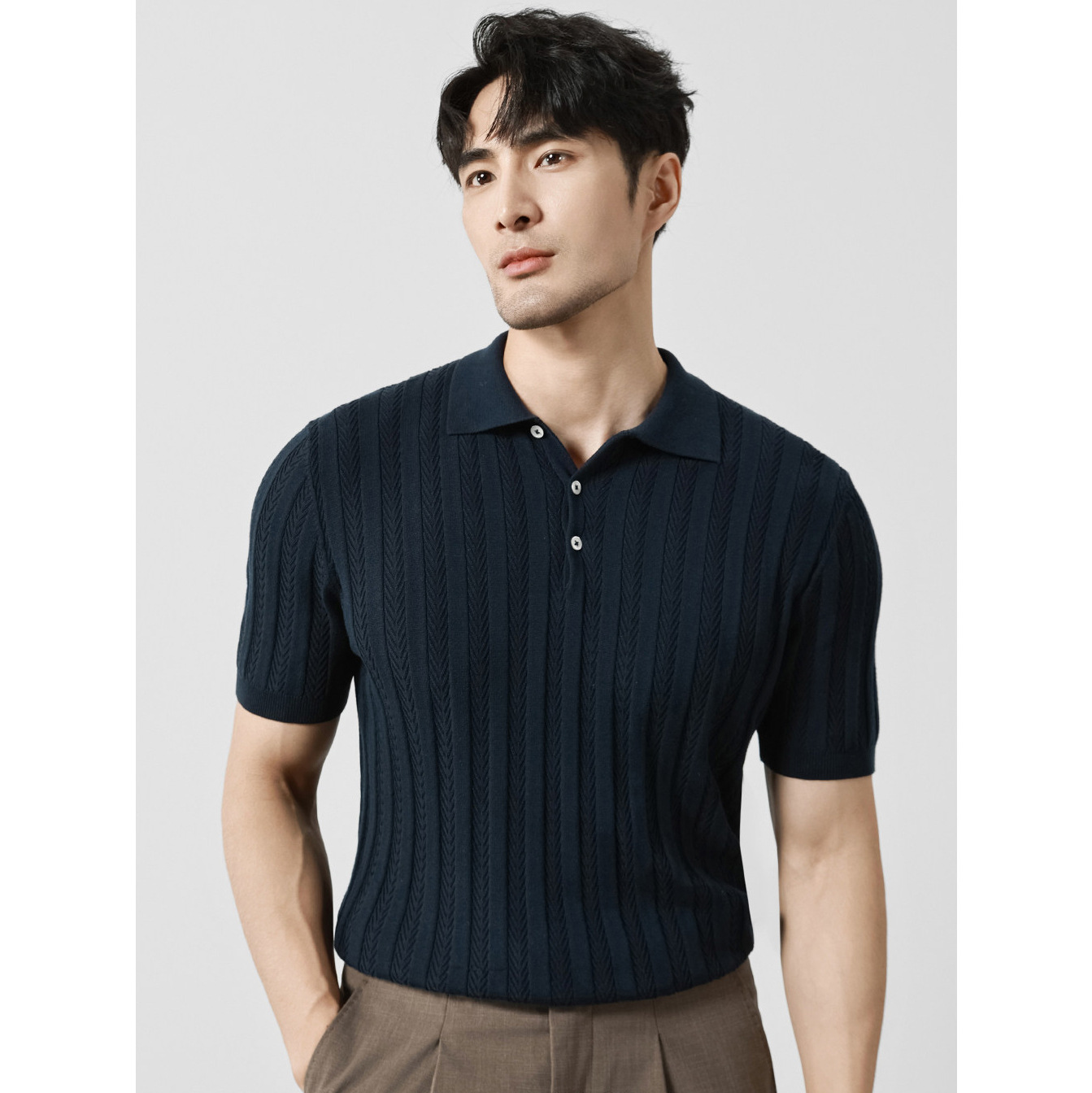 Polo camiseta de punto camiseta de manga corta hombre hueso de pescado estampado antiguo viento delgado camiseta de hielo seda de verano fábrica transfronteriza al por mayor