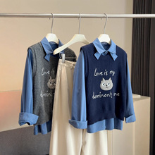 新款学院风卡通刺绣猫咪针织背心衬衫女2025冬装韩系叠穿两件套