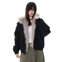 冬季美式棉服中性外套夹棉帆布水洗男女情侣装厚毛领连帽中长棉衣