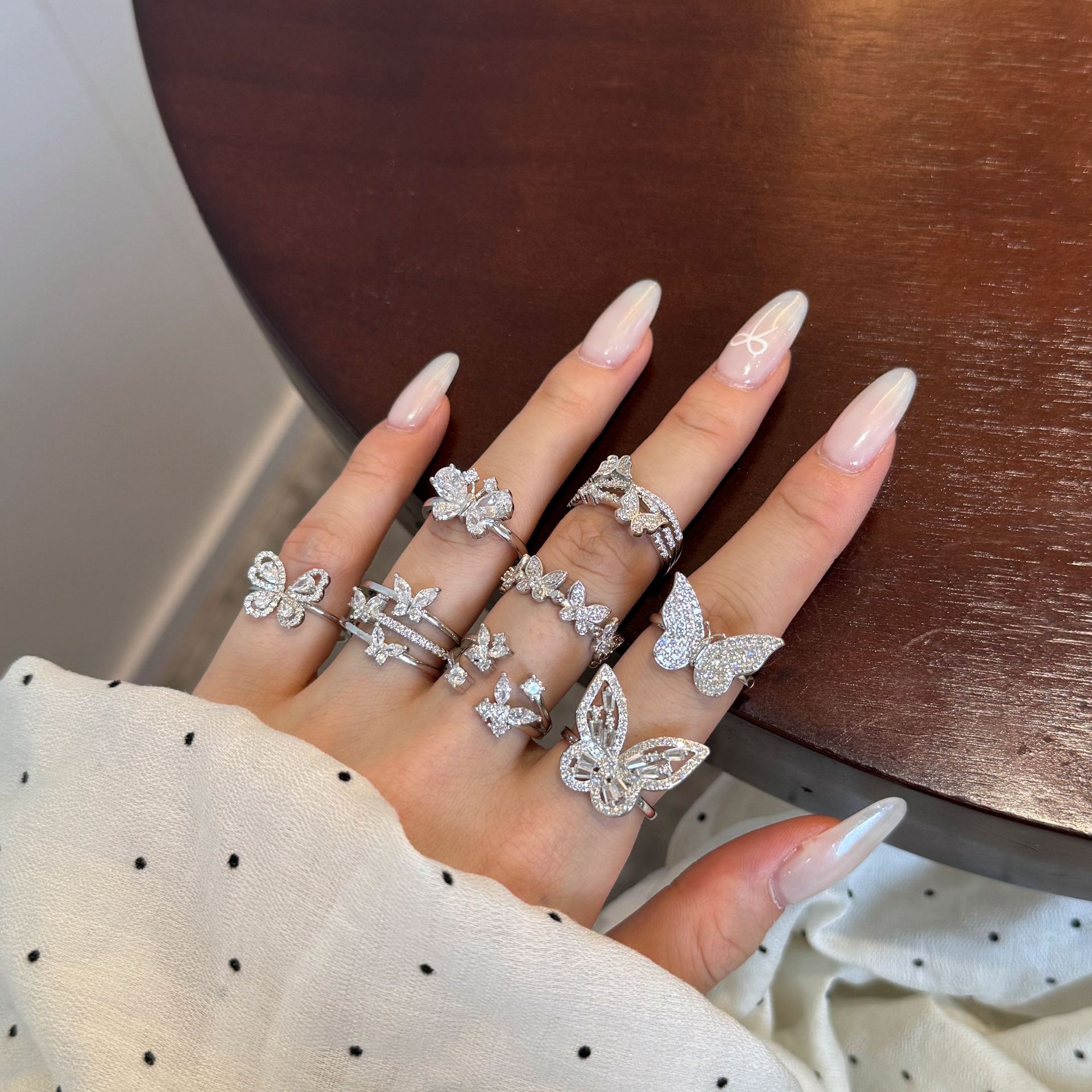 5g Weight Zircon Inlay Material Open Rings, Rings Classification 6, 9, Adjustable Ring Size 1 Piece Quantity Daily, Tea Party Occasion 925 Sterling Silver Material Butterfly Pattern Women's Gender Inlay Design Sweet, Shiny Style 925 Sterling Silver Zircon Butterfly Open Rings Rings 1