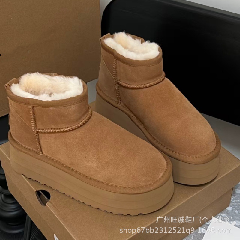 桑坡mini羊皮毛一体周冬雨雪地靴女一脚蹬低筒5公分羊毛靴冬季款~