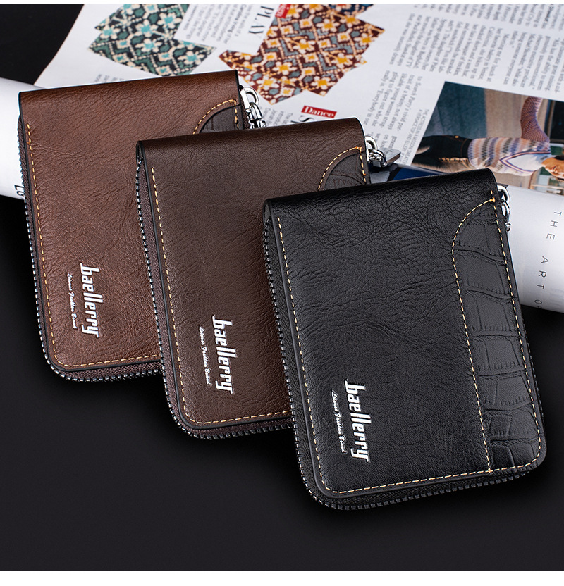 New Men's Short Wallet Retro Multi Slot Zipper Coin Purse Contrasting Color Card Bag_voghion.com