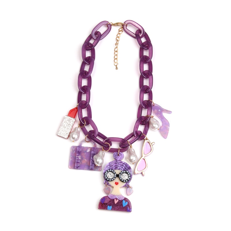 欧美跨境时尚个性小配件夸张长款项链女复古拼色亚克力美人头项链详情10