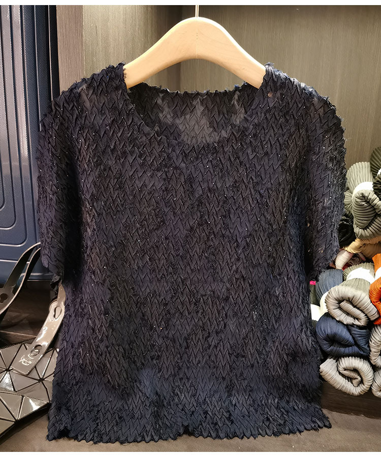 Áo thun cổ tròn dáng rộng tay ngắn xếp ly bèo nhún mùa hè — Màu đen, Màu xanh navy, Màu đỏ hoa hồng, Màu trắng chi tiết 13