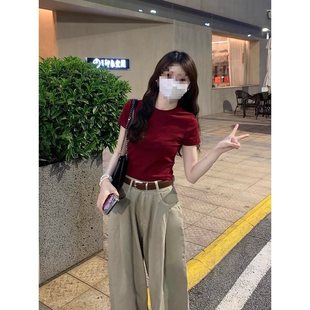 Burgundy Hottie Right Shoulder Shirt Women's Slim Short Top Summer American Versatile Waist Short-Sleeved Bottoming Shirt