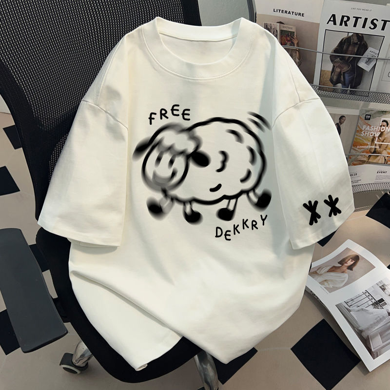 Heavyweight Pure Cotton Salt-Style Fuzzy Lamb Print Short-Sleeve T-Shirt Unisex Versatile Ins Loose Summer Trendy Base Shirt