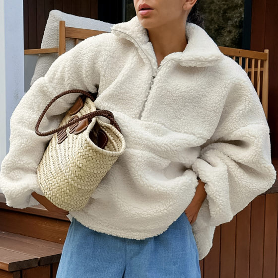 Lamb fleece versatile warm polo pullover sweater 2025 autumn and winter new cross-border European and American zipper collar beige plush