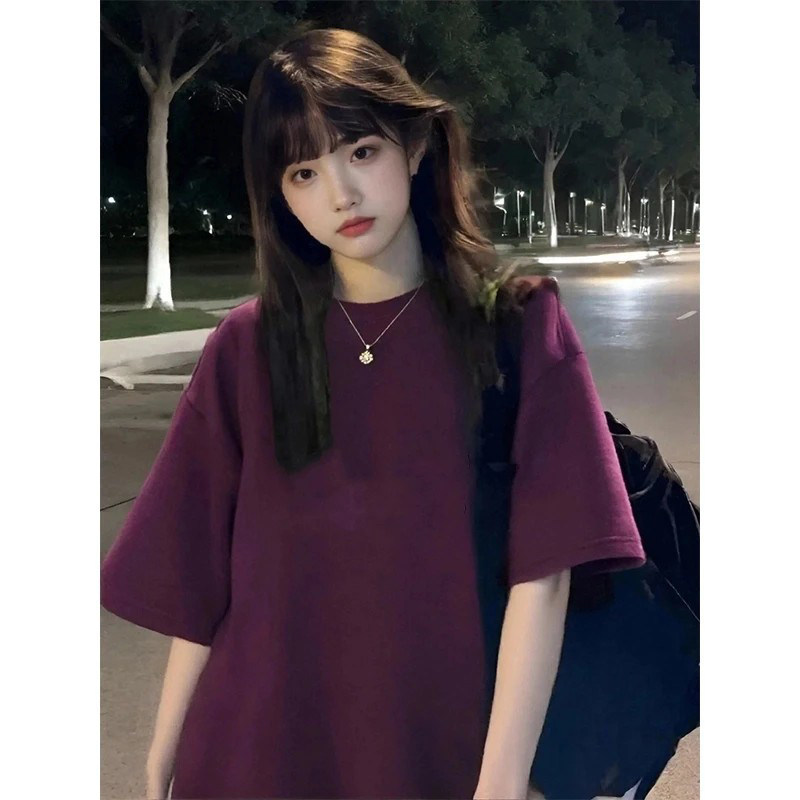 Grape Purple Top 300g Pure Cotton Short-Sleeve Men's Summer Small Neckline T-Shirt American Style Heavyweight Couple's Half-Sleeve