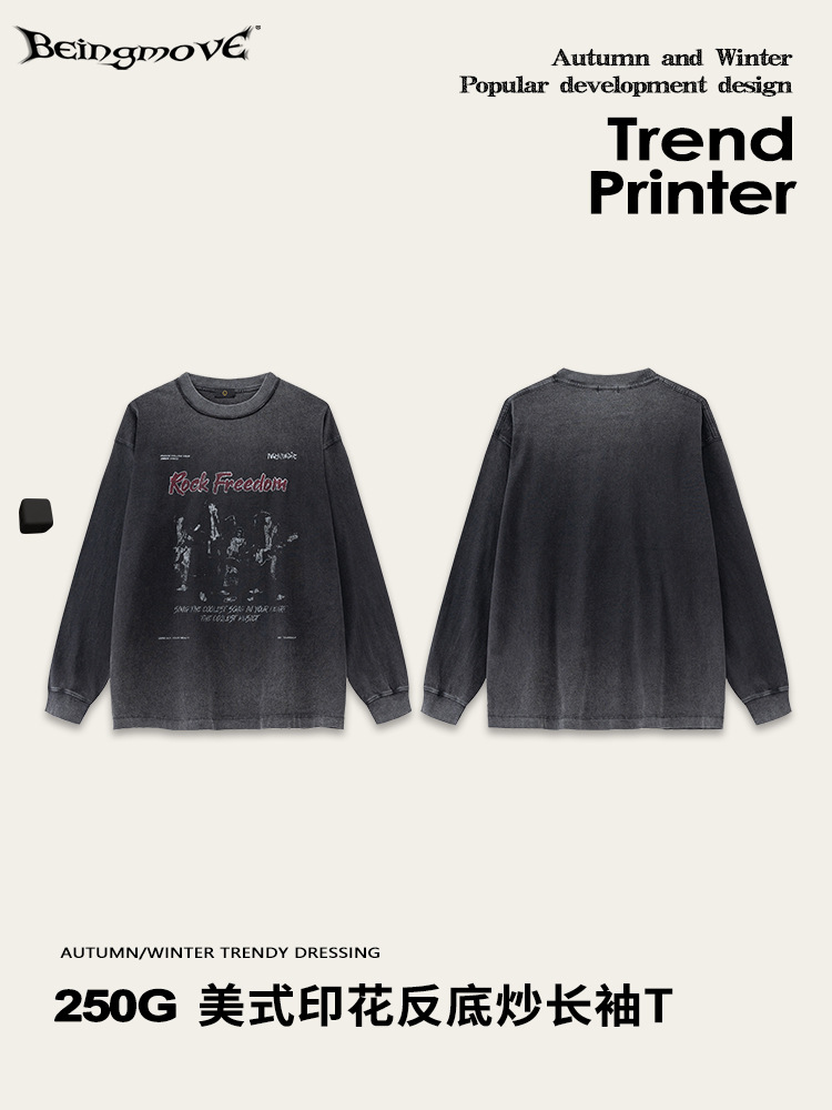 2025 otoño estilo americano de moda estilo callejero vent Punk oscuro vintage suelto camiseta de manga larga hombre venta cruzada