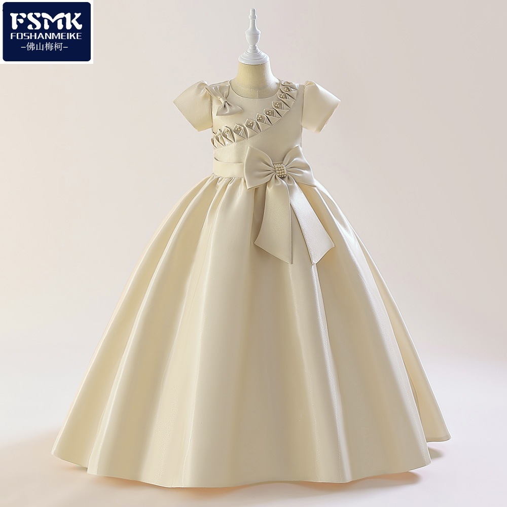 Vestido de princesa 2026 para niñas con lazo de tela, vestido de noche largo para niñas mayores, vestido para presentaciones de piano.