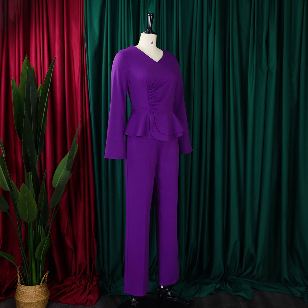 Autumn and winter women's new long-sleeved elegant temperament OL ruffled V-neck tops and pants two-piece set_voghion.com