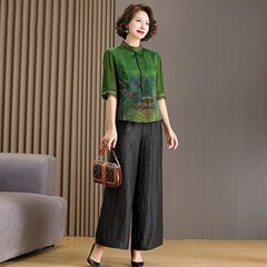 高級香雲紗セット女性シルク上着母装2025夏新作亀紋直筒九分ズボン二点セット