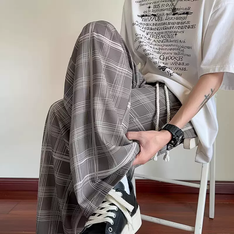 格子冰丝休闲裤子男夏季薄款潮牌美式凉感长裤宽松直筒速干阔腿裤