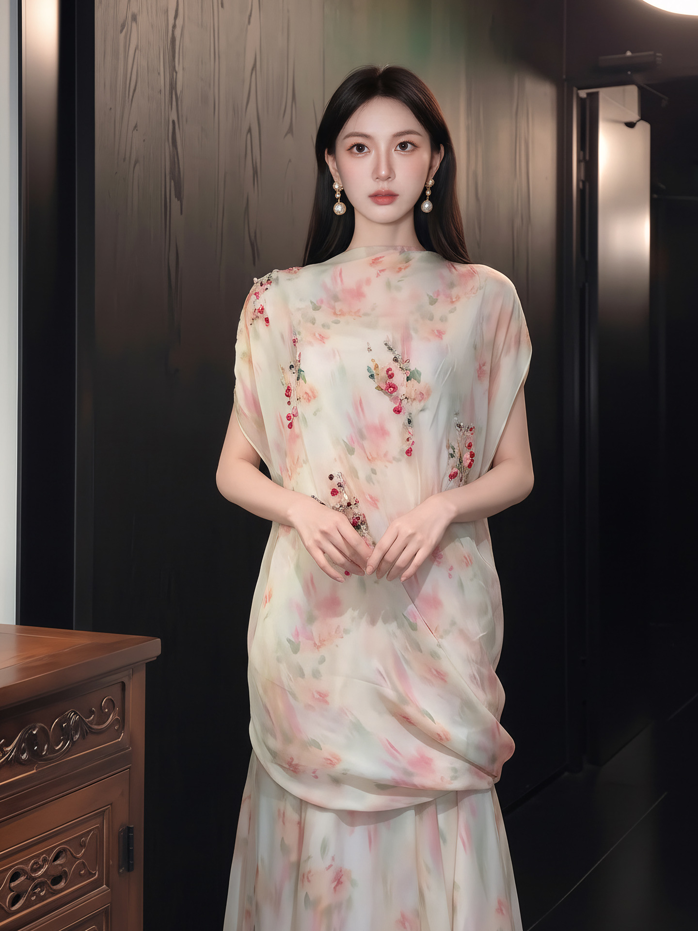 Bộ váy áo maxi thắt eo họa tiết hoa phong cách tân cổ điển — Trang chủ, bộ đồ, nửa váy