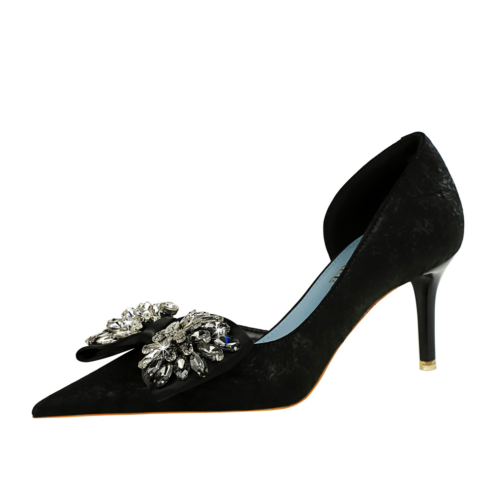 6168-AH3 Banquet Nightclub Slim Side Hollow Women's Shoes Shallow Mouth Pointed Rhinestone Bow High Heel Single Shoes