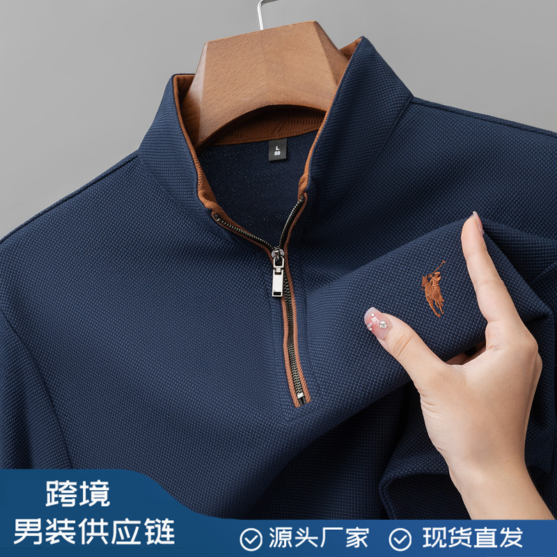 Runen 2025 Autumn and Winter Long-Sleeved Stand-Up Collar Zipper Men's Polo Shirt Pineapple Plaid Double-Sided Pique Pony Embroidered Men's T-Shirt