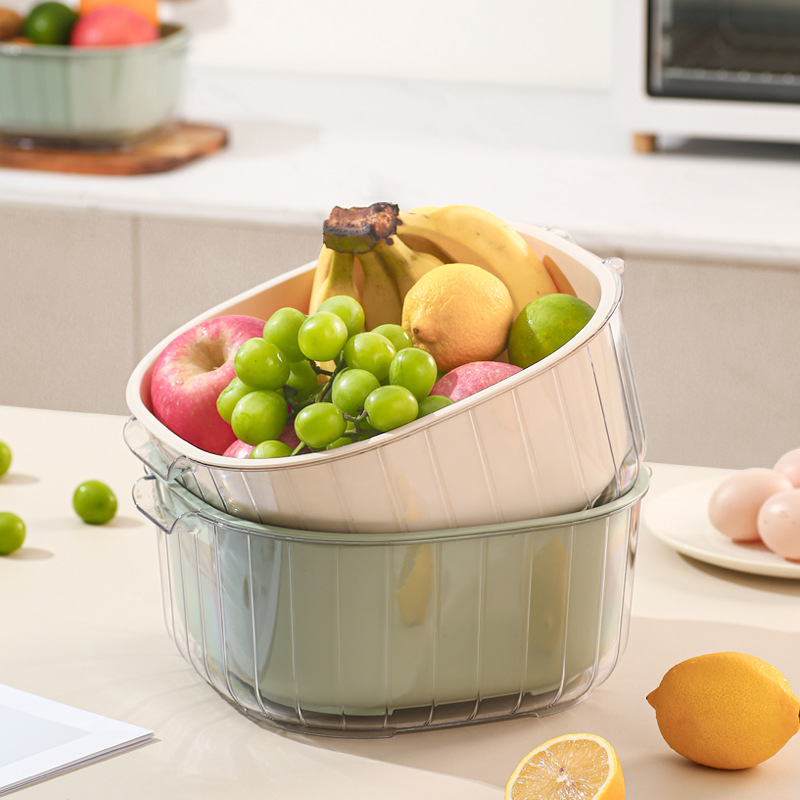 Nordic-style Double-layer Vegetable and Fruit Draining Basket Vegetable Washing Basin High Color Value Household Kitchen Cleaning Vegetable and Fruit Basket Storage Basket