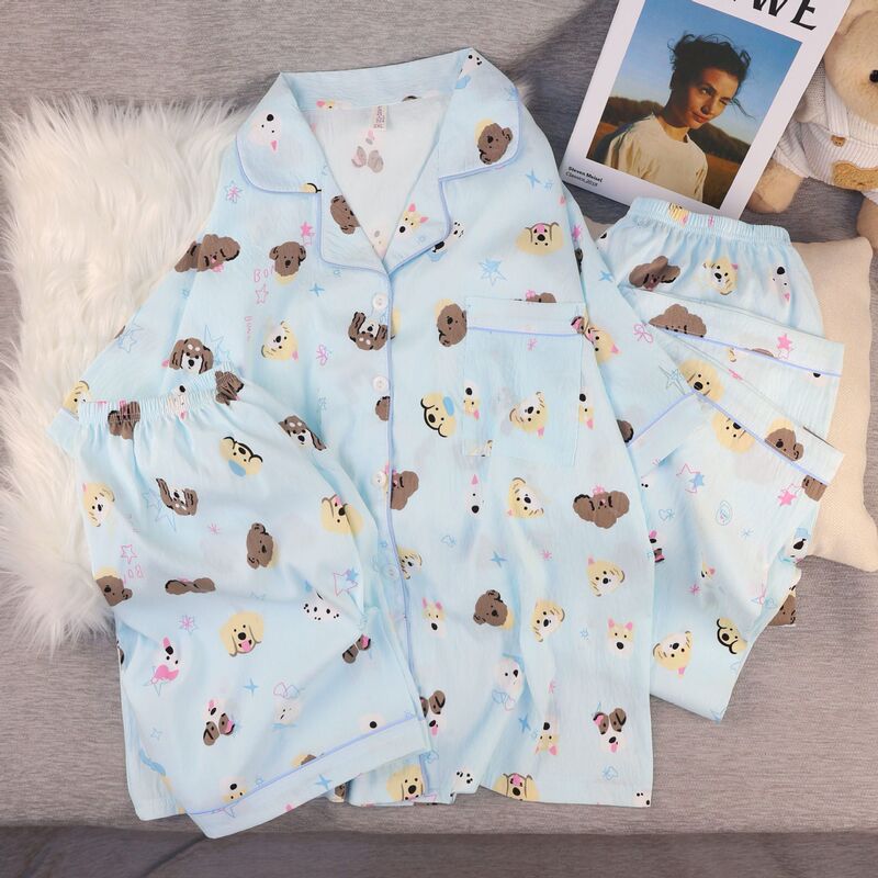 Cloud Cotton New Three-Piece Cartoon Pajama Set Sweet and Cute Short-Sleeve Shorts Cardigan Homewear