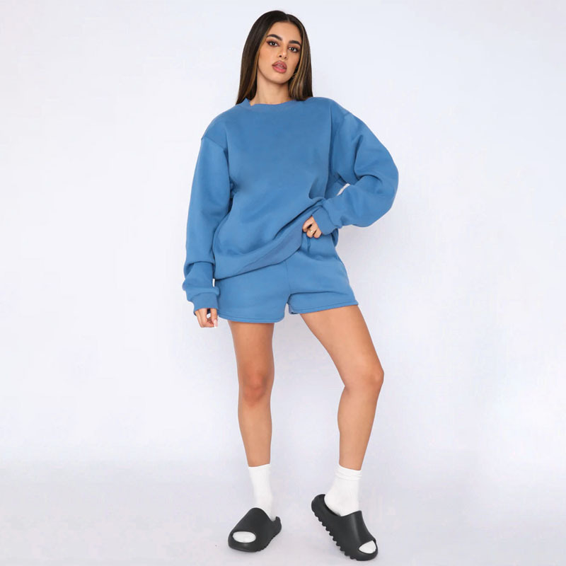 Einfarbiger Pullover, Rundhalsausschnitt, Langarm, modisches, lässiges Shorts-Set_voghion.com