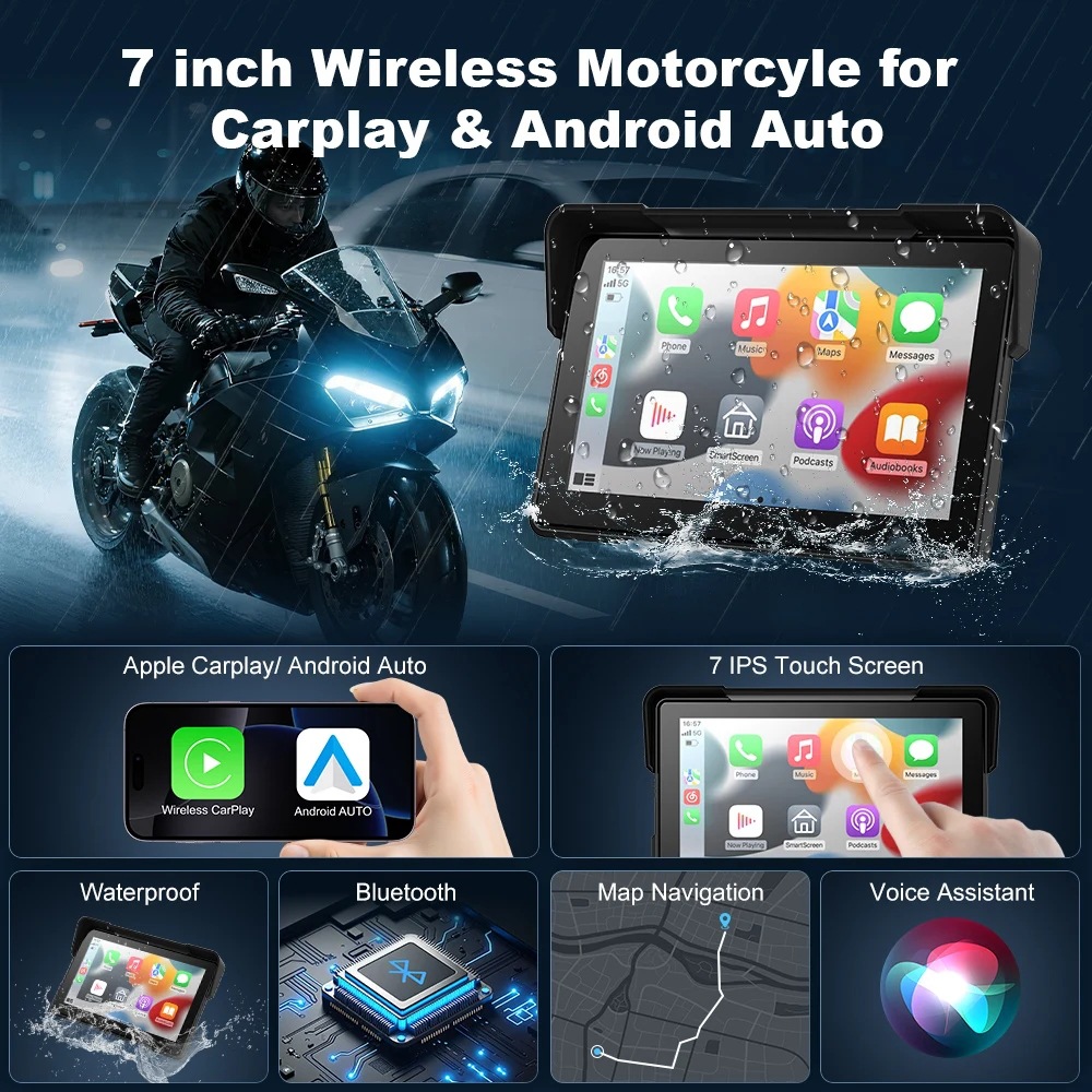 7inch Portable Motorcycle Navigator Wireless CarPlay Android Connectivity 2K HD Motorcycle GPS Navigation