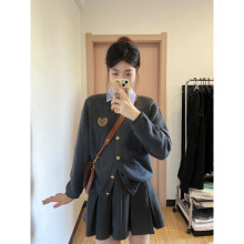 英伦风羊绒开衫女圆领春季学院刺绣金属扣宽松羊毛针织衫毛衣外套