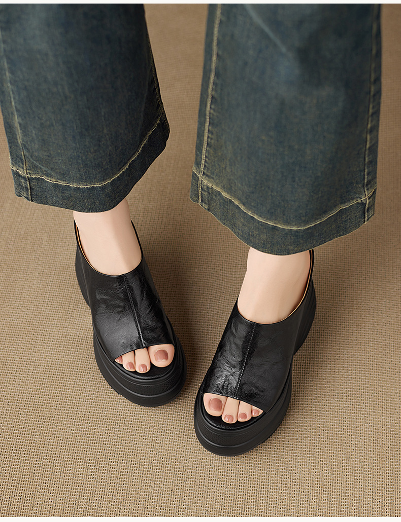 Dép sandal nữ quai chữ V đế xuồng cao gót ẩn, mũi hở, da PU chống nước — màu đen, màu trắng ngà chi tiết 7