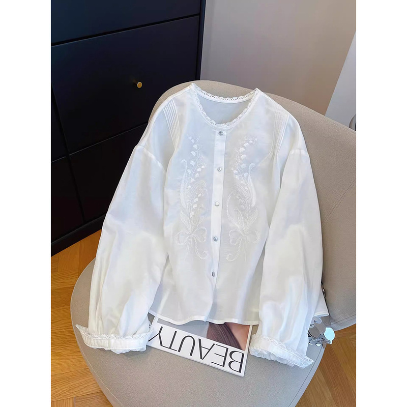 High-End White Lace Embroidery, Super Stylish, 2026 Spring and Autumn New Style, Loose Plus-Size Long-Sleeve Shirt Top for Women