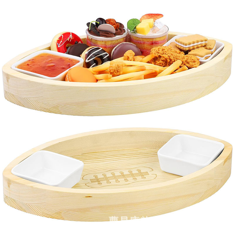 木制橄榄球形状上菜盘派对桌面装饰服务托盘带蘸料碗木制点心熟食