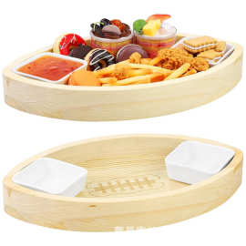 木制橄榄球形状上菜盘派对桌面装饰服务托盘带蘸料碗木制点心熟食