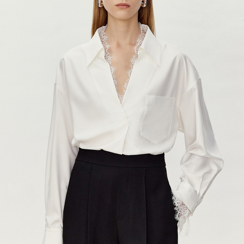 High-Intelligence Commuter Wear Shirt, Lace Splicing V Neck Straight Shirt, Women's Summer Design Niche Casual Top
