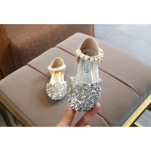 Crystal shoe for girls, children's flower pattern slip-on shoes with sequins, flat soft sole single shoes, spring style for girls, walk show host, leather shoes