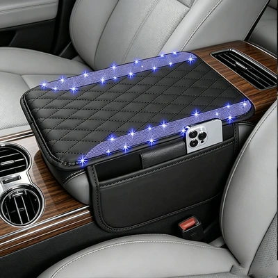 Cross-Border Central Armrest Box Mat, Armrest box pad - blue-rhinestone