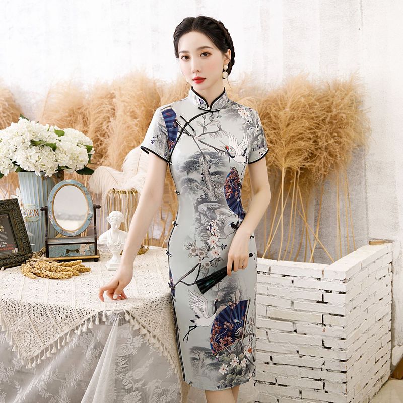 Chinese dresses oriental printed Cheongsam qipao dresses satin retro girl  daily dress short cheongsam dress