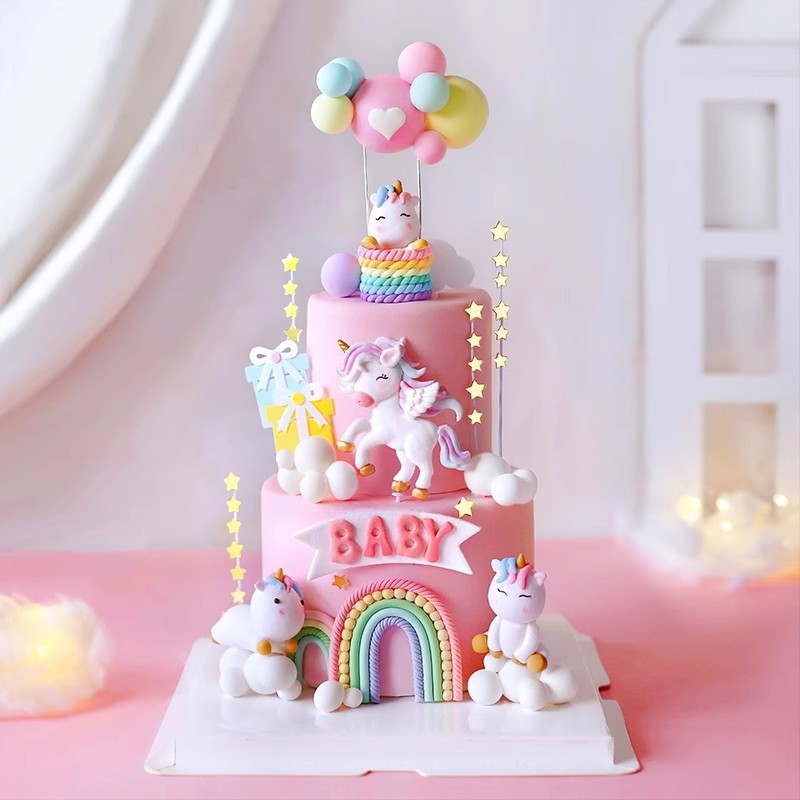 子供のファンタジーピンクの誕生日ケーキデコレーションユニコーン蝶オーナメントおとぎ話の夢レインボーベーキングプラグイン|undefined
