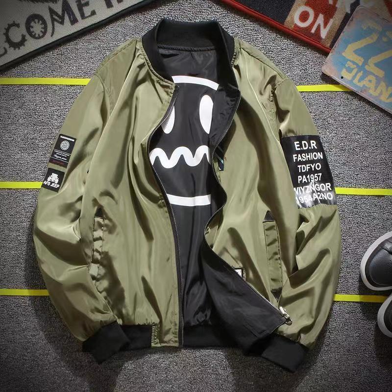 New Style Bomber Jacket for Men, Reversible Military Green Loose-Fitting Retro Jacket for Spring and Autumn