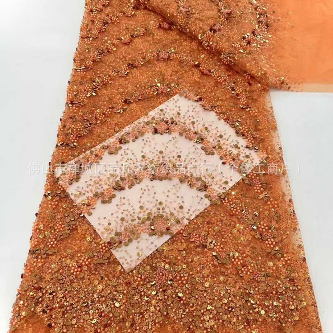 Verano transfronterizo bordado falda larga tela de malla bordado tubo de perlas vestido de moda rendimiento tela de encaje