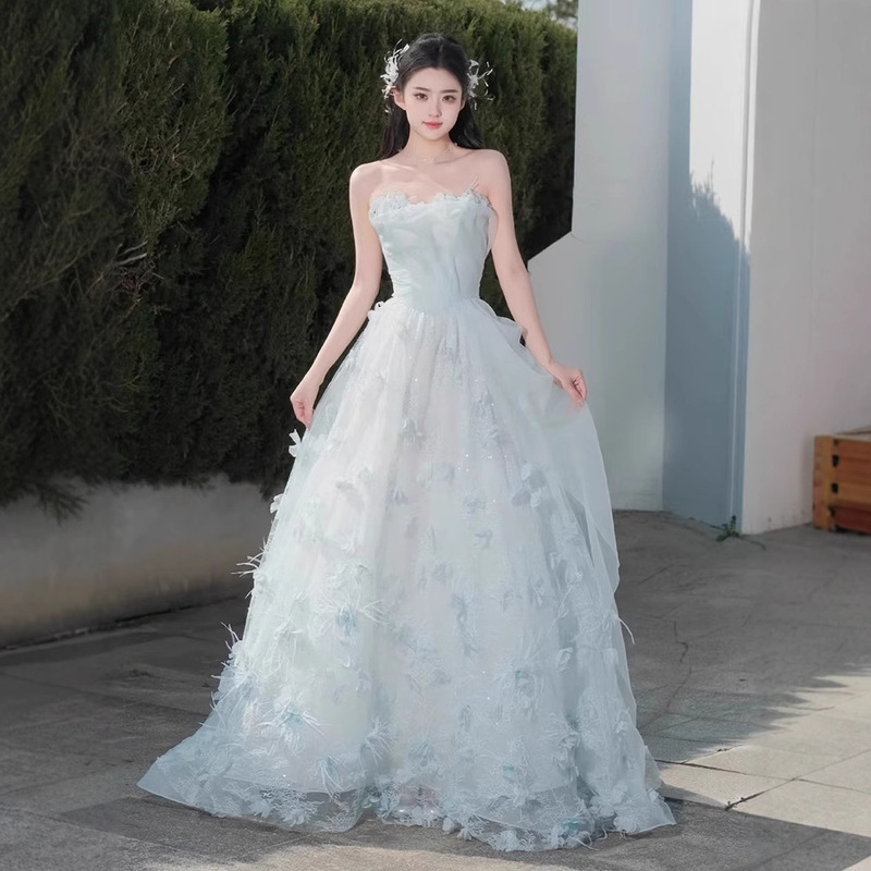 Blue Floral Evening Dress for Women 2026 New Style High-End Light Luxury Classy Adult Ceremony Exam Light Wedding Dress Bride Blue Floral Evening Dress for Women 2026 New Style High-End Light Luxury Classy Adult Ceremony Exam Light Wedding Dress Bride
