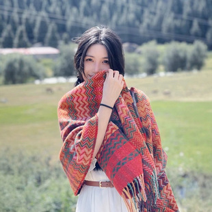 Retro Plaid Scarf for Women in Winter, Versatile Rainbow-Colored Cloak, Xinjiang Travel Wear, Ethnic Style Outer Shawl