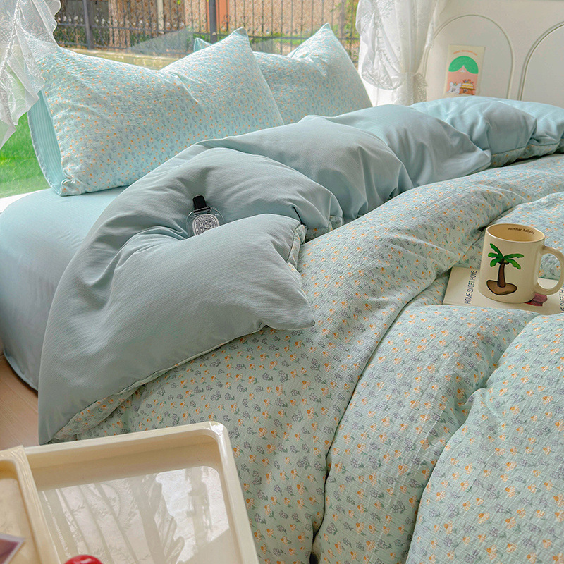 小さな新鮮な二層糸洗い綿ベッド 4 点セット、裸で寝られるシーツ、掛け布団カバー、ボックスシーツ、学生寮 3 点セット|undefined