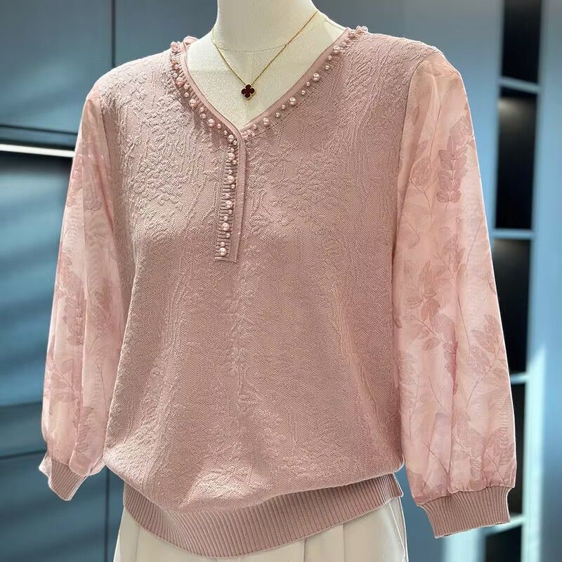 时尚洋气雪纺针织衫女妈妈装春装上衣气质百搭中老年打底衫薄批发