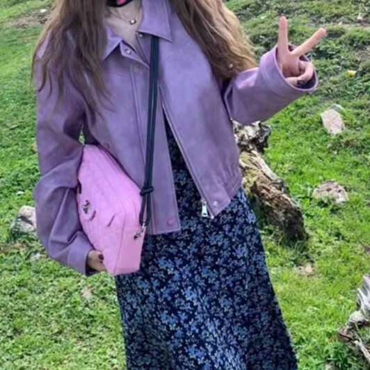 紫色皮衣外套女秋季新款小个子新品宽松机车服气质夹克|undefined