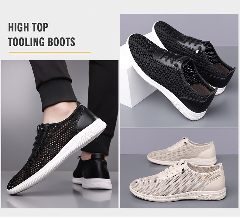 Giày sandal nam lưới thoáng khí đế mềm chống trượt kiểu lỗ, đế bằng — Màu be, màu đen chi tiết 5